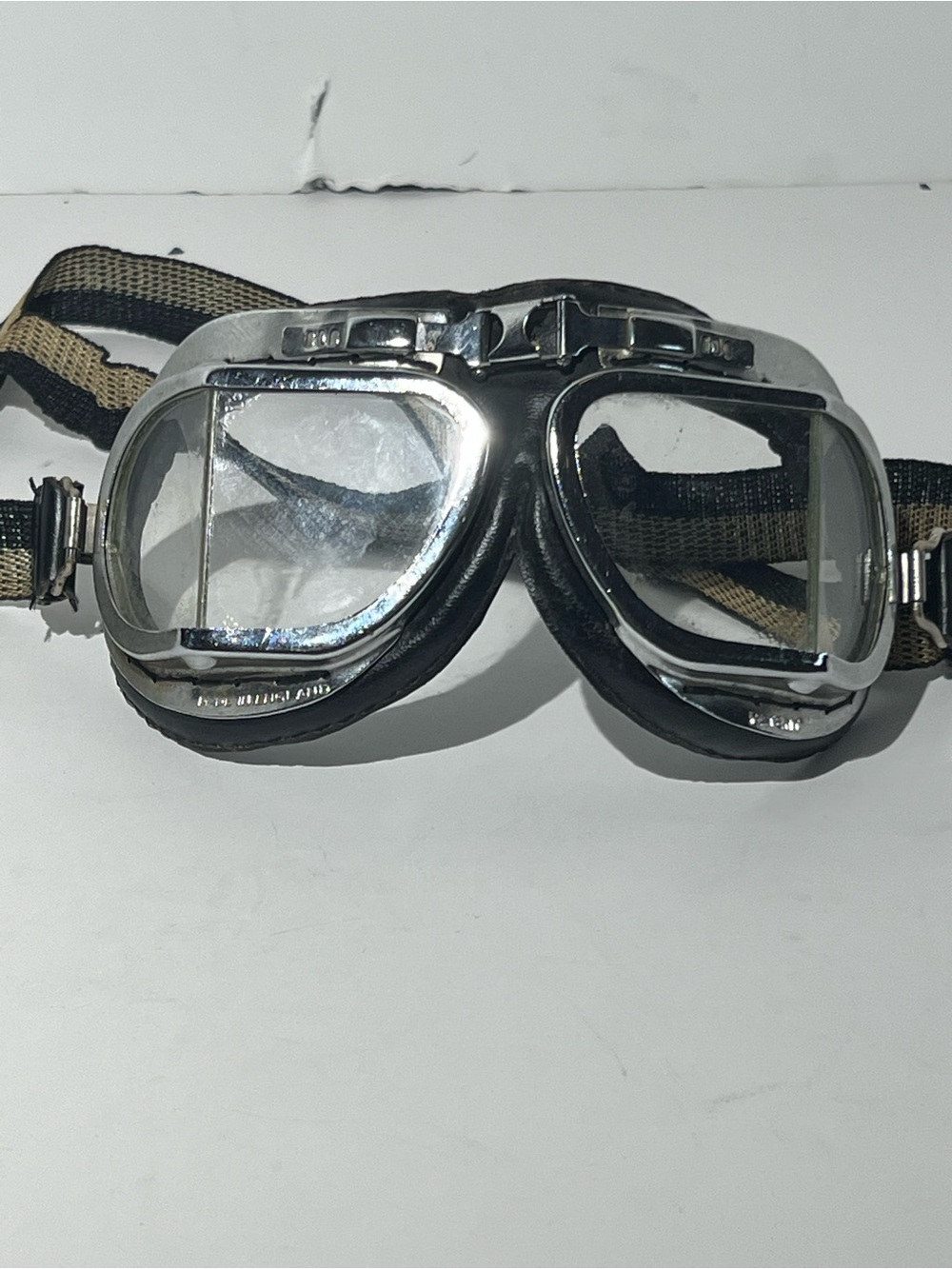 Vintage Halcyon folding aviator motorcycle goggles distressed